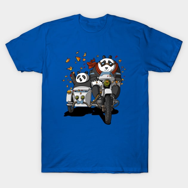 Panda Bears Riding Motorcycle Funny Cartoon Race T-Shirt by underheaven